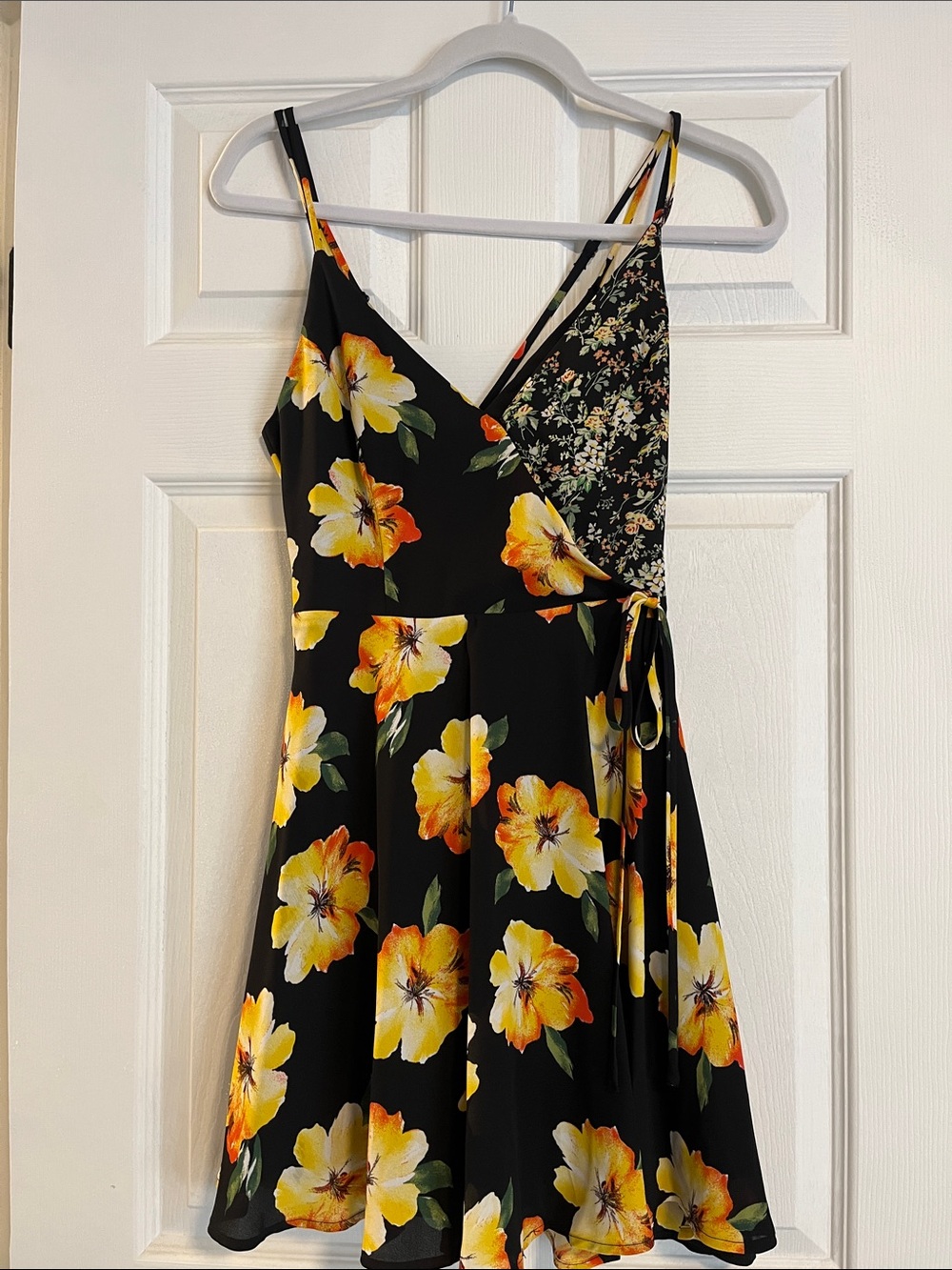 Forever 21 Black Mini Wrap Dress with Yellow Floral Print